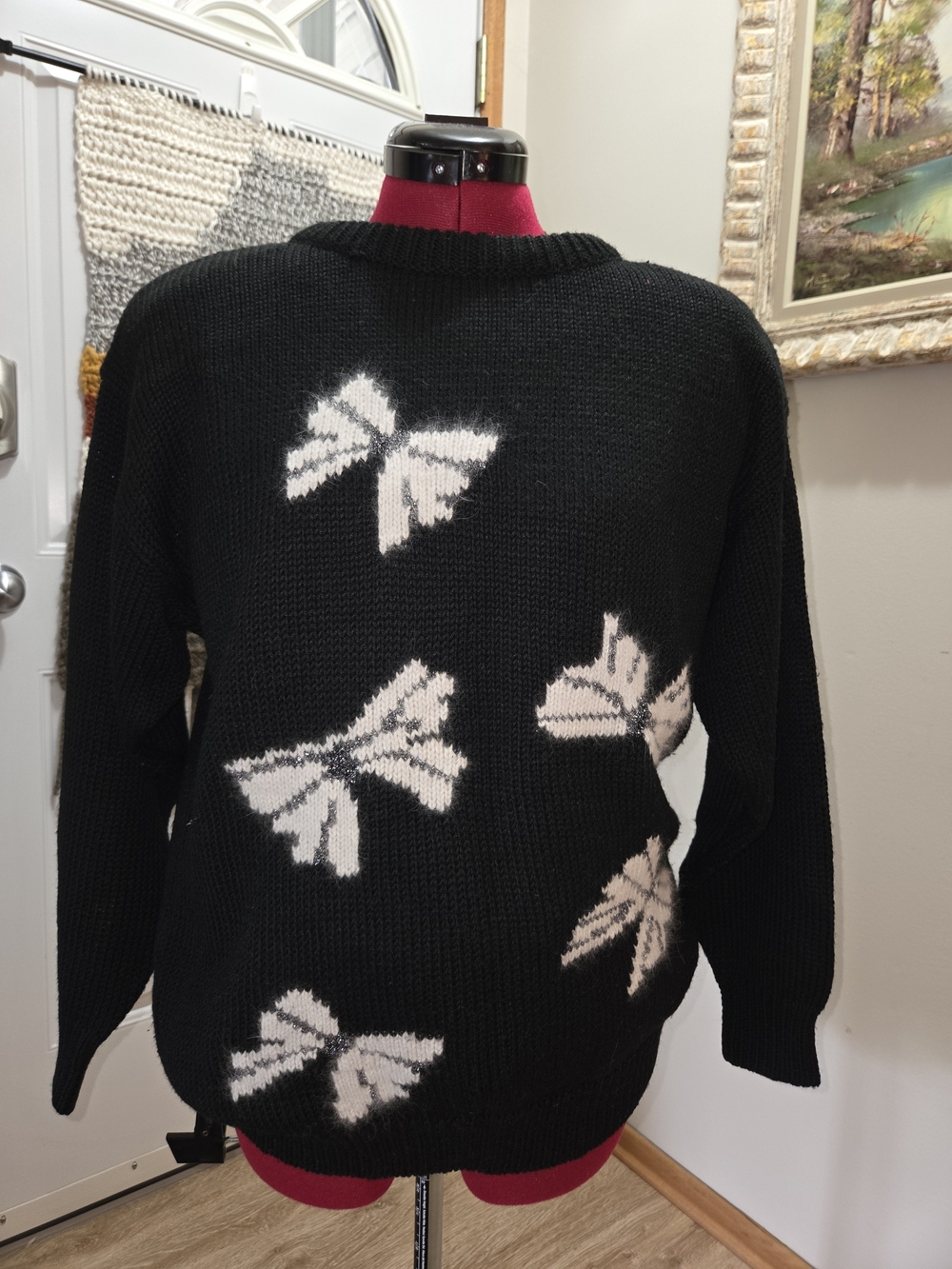 Black Sweater with White And Metallic Silver Bow Motif